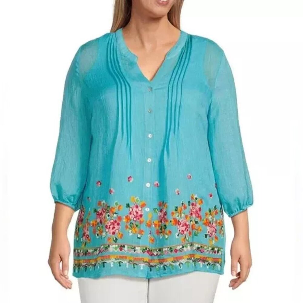 Anthropologie Turquoise Floral Pintuck Blouse